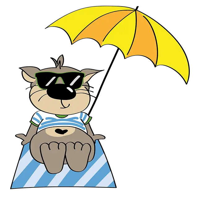Illustration von Otti Otter unter einem Sonnenschirm auf einem Handtuch